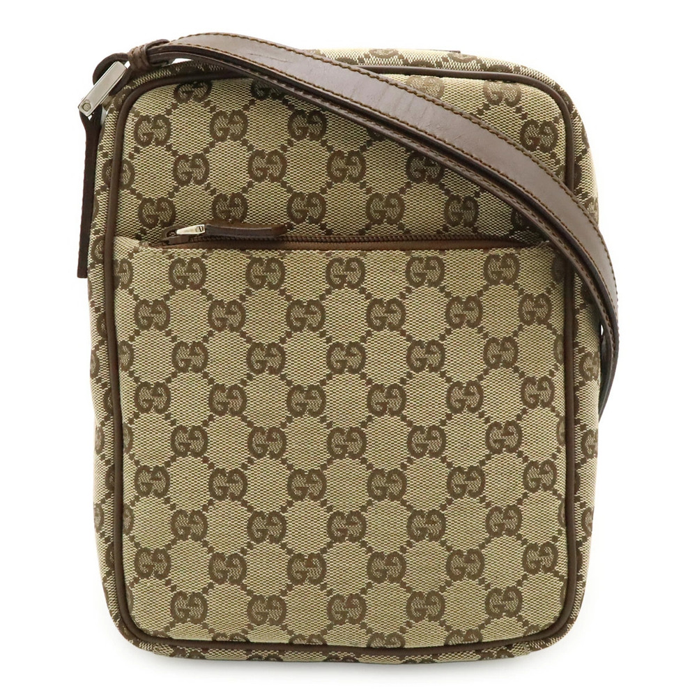 Gucci GG Canvas Crossbody Bag Leather Beige Cream Dark Brown